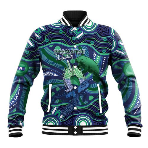 Personalised Torres Strait Islander Flag Day Baseball Jacket Dhari Australia Dugong Turtle Aboriginal Art