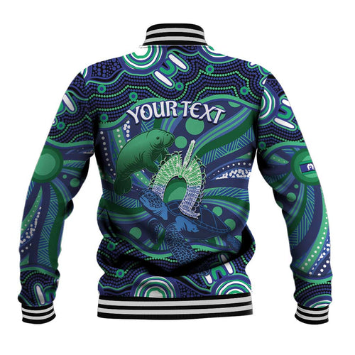 Personalised Torres Strait Islander Flag Day Baseball Jacket Dhari Australia Dugong Turtle Aboriginal Art