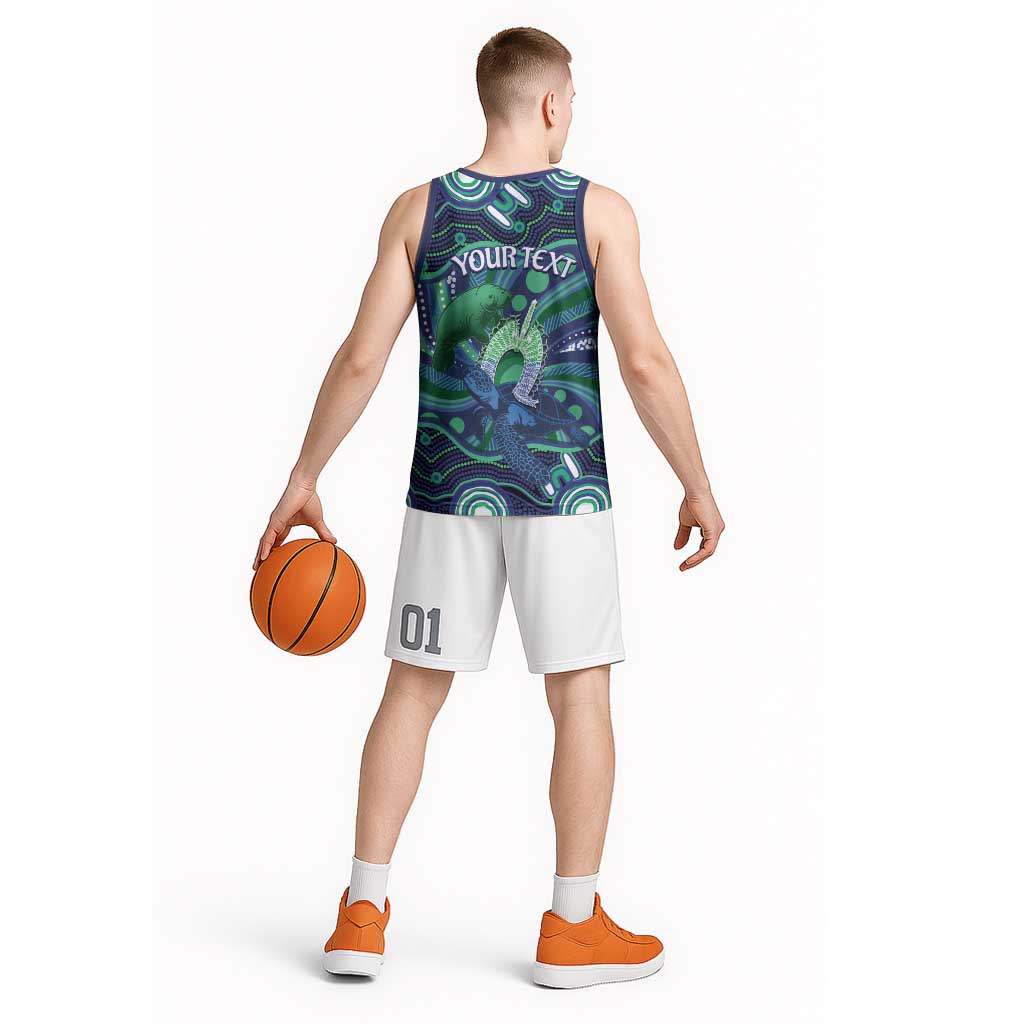 Personalised Torres Strait Islander Flag Day Basketball Jersey Dhari Australia Dugong Turtle Aboriginal Art