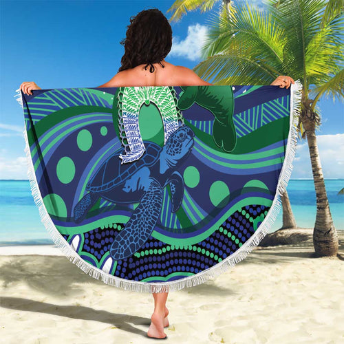 Personalised Torres Strait Islander Flag Day Beach Blanket Dhari Australia Dugong Turtle Aboriginal Art