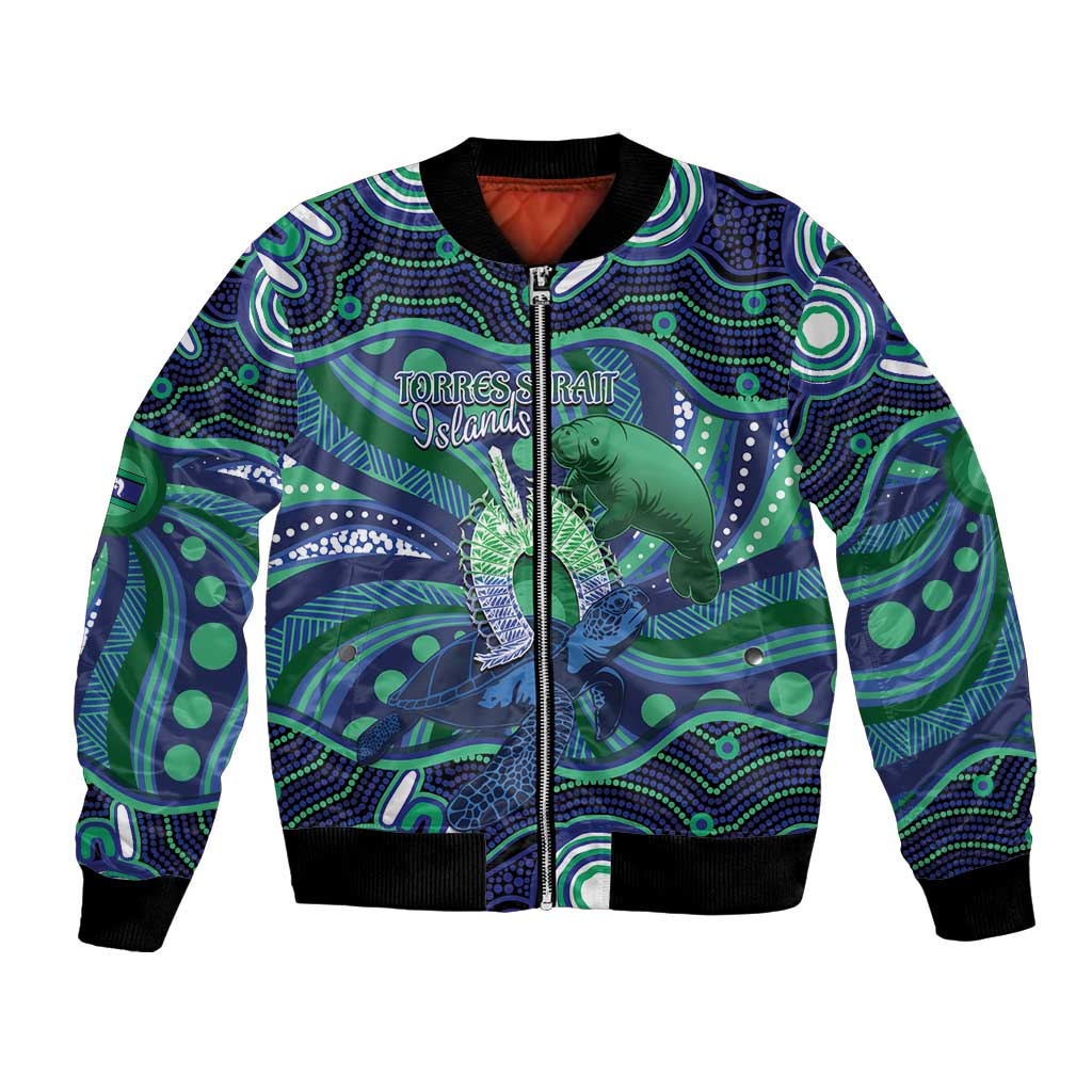 Personalised Torres Strait Islander Flag Day Bomber Jacket Dhari Australia Dugong Turtle Aboriginal Art