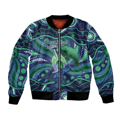 Personalised Torres Strait Islander Flag Day Bomber Jacket Dhari Australia Dugong Turtle Aboriginal Art