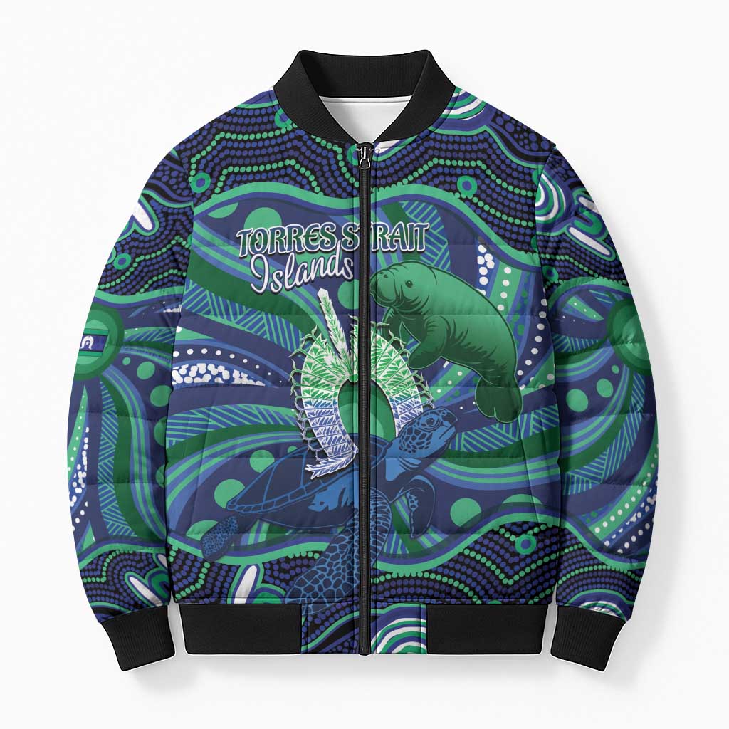 Personalised Torres Strait Islander Flag Day Bomber Puffer Jacket Dhari Australia Dugong Turtle Aboriginal Art