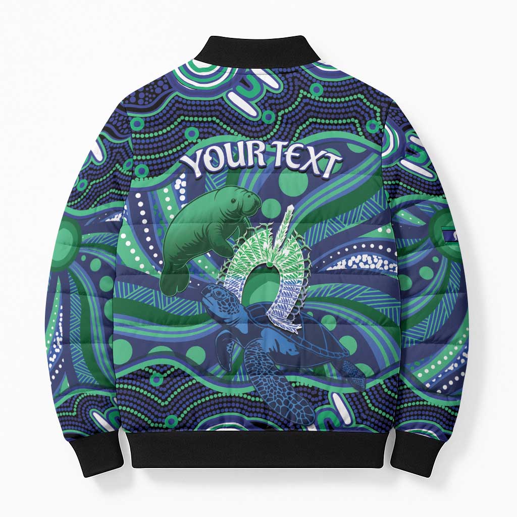 Personalised Torres Strait Islander Flag Day Bomber Puffer Jacket Dhari Australia Dugong Turtle Aboriginal Art