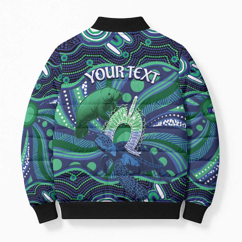 Personalised Torres Strait Islander Flag Day Bomber Puffer Jacket Dhari Australia Dugong Turtle Aboriginal Art