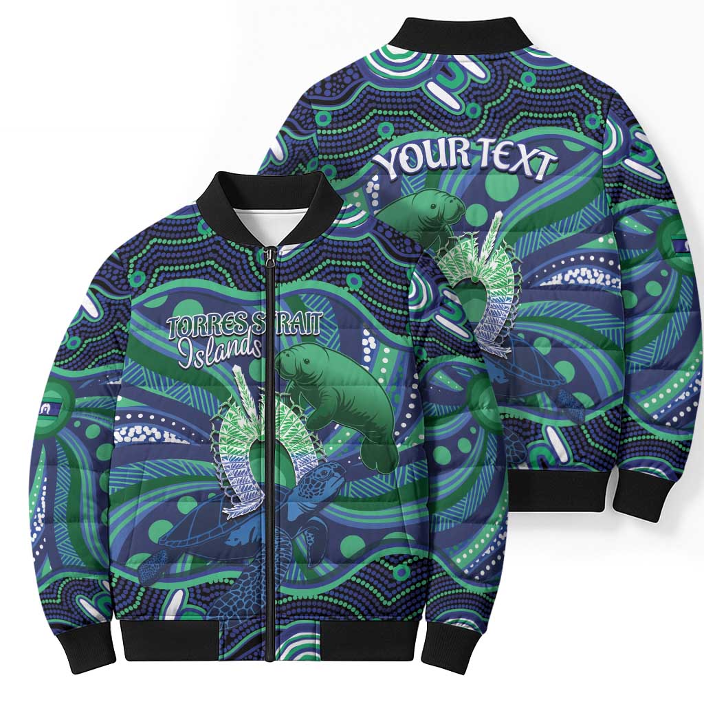 Personalised Torres Strait Islander Flag Day Bomber Puffer Jacket Dhari Australia Dugong Turtle Aboriginal Art