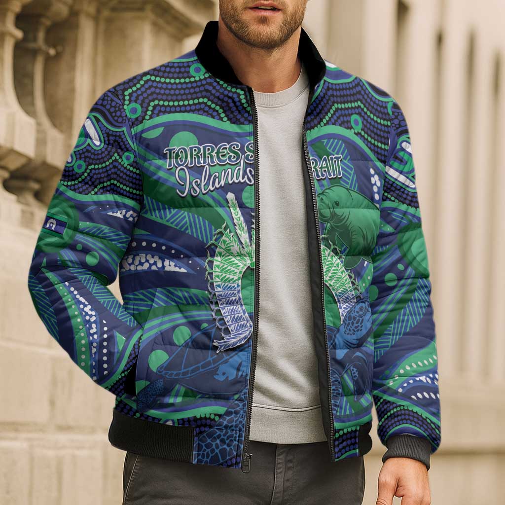 Personalised Torres Strait Islander Flag Day Bomber Puffer Jacket Dhari Australia Dugong Turtle Aboriginal Art