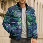 Personalised Torres Strait Islander Flag Day Bomber Puffer Jacket Dhari Australia Dugong Turtle Aboriginal Art