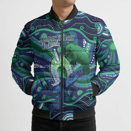 Personalised Torres Strait Islander Flag Day Bomber Puffer Jacket Dhari Australia Dugong Turtle Aboriginal Art