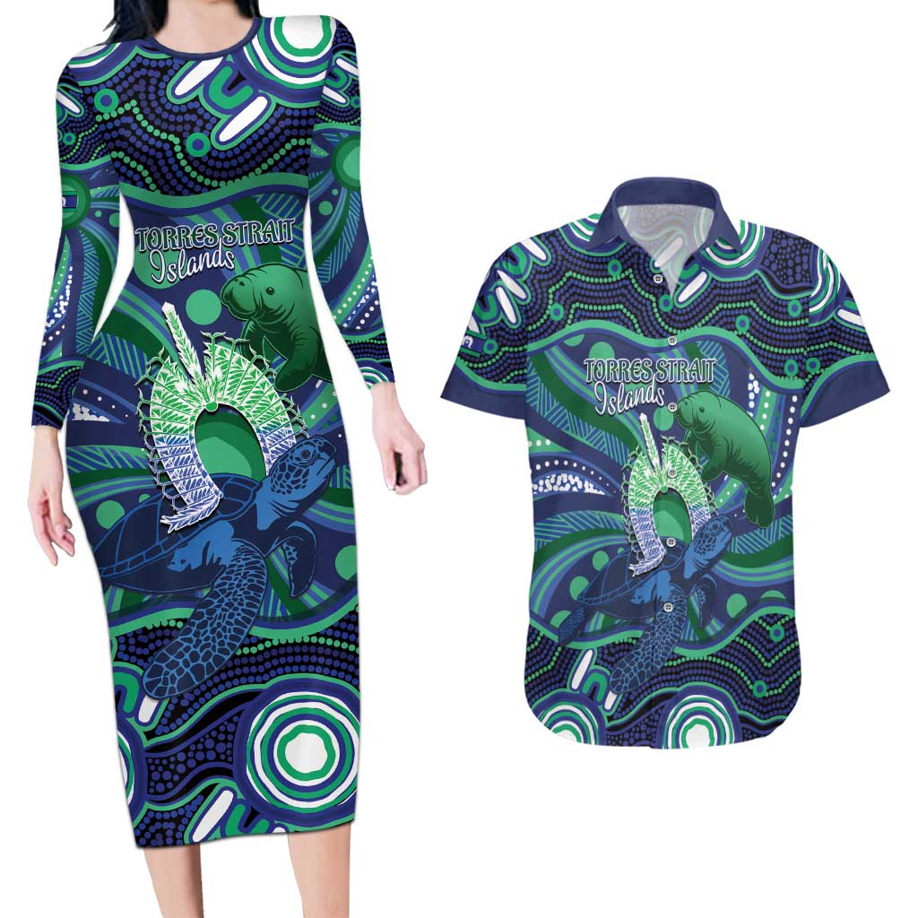 Personalised Torres Strait Islander Flag Day Couples Matching Long Sleeve Bodycon Dress and Hawaiian Shirt Dhari Australia Dugong Turtle Aboriginal Art