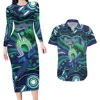 Personalised Torres Strait Islander Flag Day Couples Matching Long Sleeve Bodycon Dress and Hawaiian Shirt Dhari Australia Dugong Turtle Aboriginal Art