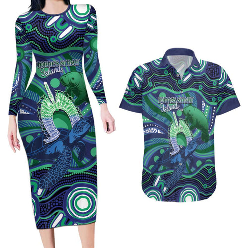 Personalised Torres Strait Islander Flag Day Couples Matching Long Sleeve Bodycon Dress and Hawaiian Shirt Dhari Australia Dugong Turtle Aboriginal Art
