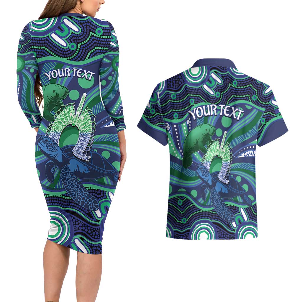 Personalised Torres Strait Islander Flag Day Couples Matching Long Sleeve Bodycon Dress and Hawaiian Shirt Dhari Australia Dugong Turtle Aboriginal Art