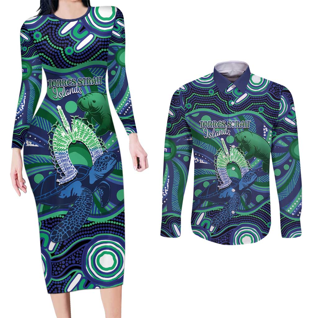Personalised Torres Strait Islander Flag Day Couples Matching Long Sleeve Bodycon Dress and Long Sleeve Button Shirt Dhari Australia Dugong Turtle Aboriginal Art