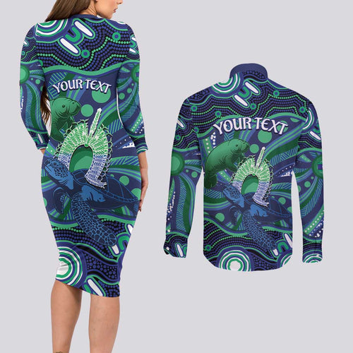 Personalised Torres Strait Islander Flag Day Couples Matching Long Sleeve Bodycon Dress and Long Sleeve Button Shirt Dhari Australia Dugong Turtle Aboriginal Art