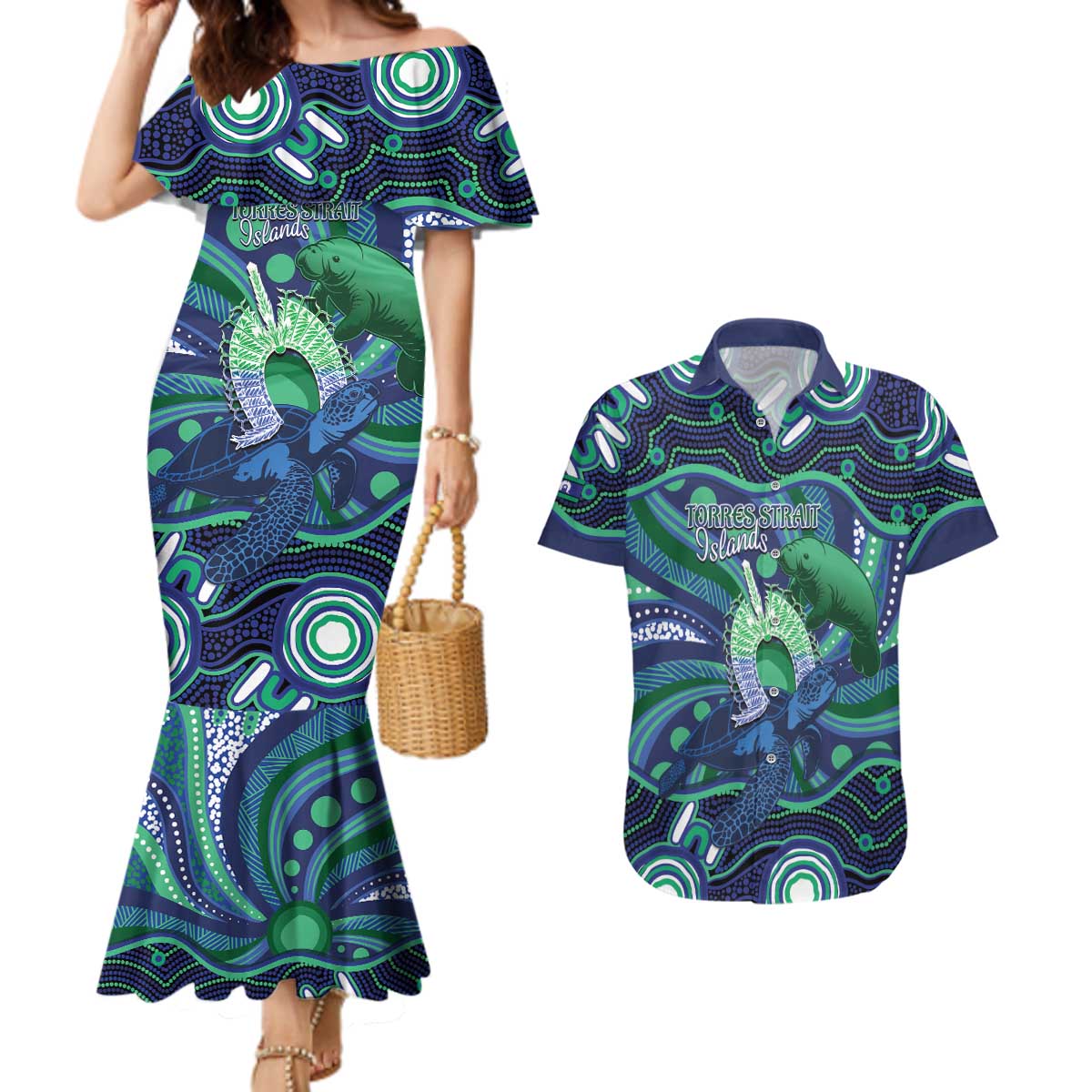 Personalised Torres Strait Islander Flag Day Couples Matching Mermaid Dress and Hawaiian Shirt Dhari Australia Dugong Turtle Aboriginal Art