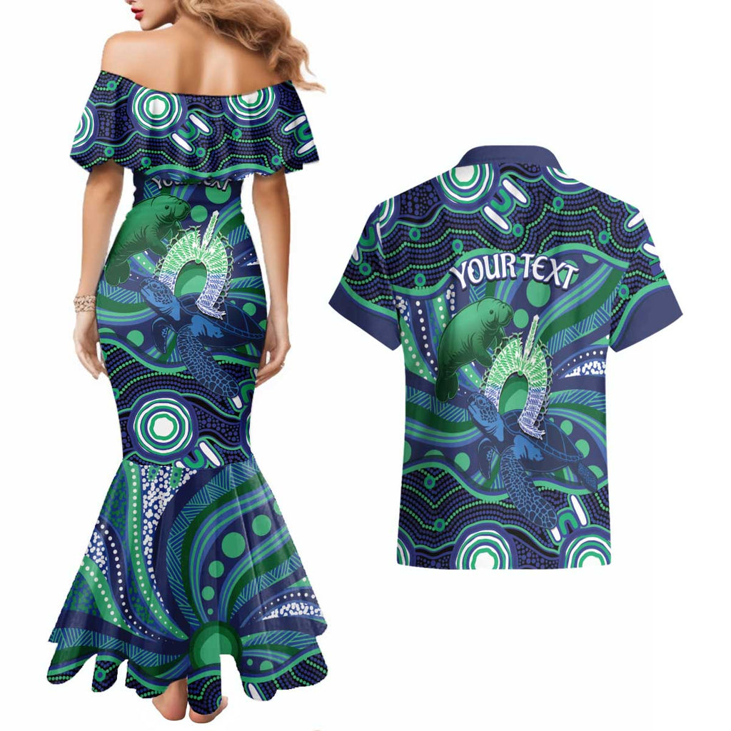 Personalised Torres Strait Islander Flag Day Couples Matching Mermaid Dress and Hawaiian Shirt Dhari Australia Dugong Turtle Aboriginal Art