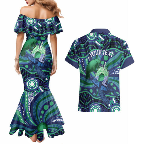 Personalised Torres Strait Islander Flag Day Couples Matching Mermaid Dress and Hawaiian Shirt Dhari Australia Dugong Turtle Aboriginal Art