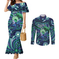 Personalised Torres Strait Islander Flag Day Couples Matching Mermaid Dress and Long Sleeve Button Shirt Dhari Australia Dugong Turtle Aboriginal Art