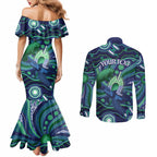Personalised Torres Strait Islander Flag Day Couples Matching Mermaid Dress and Long Sleeve Button Shirt Dhari Australia Dugong Turtle Aboriginal Art