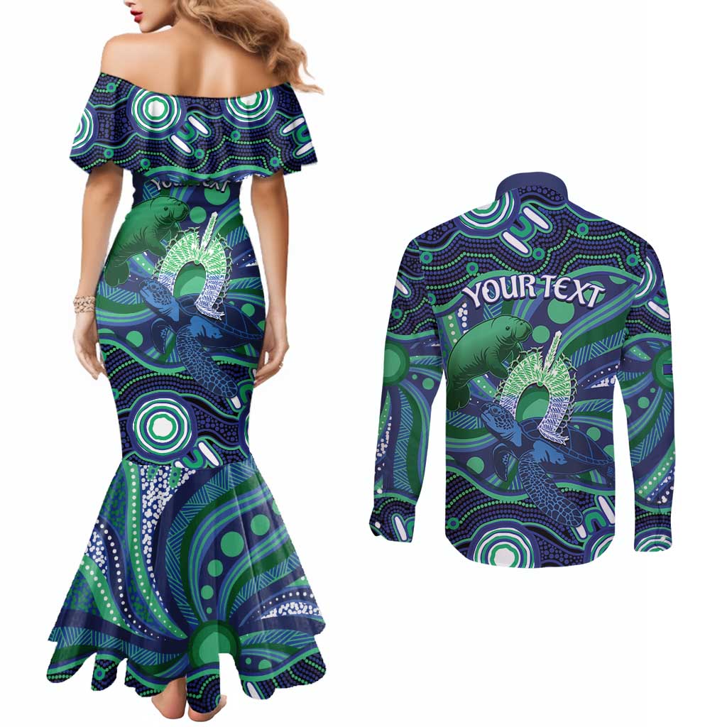 Personalised Torres Strait Islander Flag Day Couples Matching Mermaid Dress and Long Sleeve Button Shirt Dhari Australia Dugong Turtle Aboriginal Art