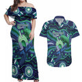 Personalised Torres Strait Islander Flag Day Couples Matching Off Shoulder Maxi Dress and Hawaiian Shirt Dhari Australia Dugong Turtle Aboriginal Art