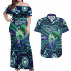 Personalised Torres Strait Islander Flag Day Couples Matching Off Shoulder Maxi Dress and Hawaiian Shirt Dhari Australia Dugong Turtle Aboriginal Art