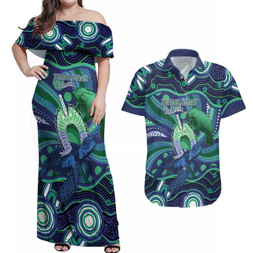 Personalised Torres Strait Islander Flag Day Couples Matching Off Shoulder Maxi Dress and Hawaiian Shirt Dhari Australia Dugong Turtle Aboriginal Art