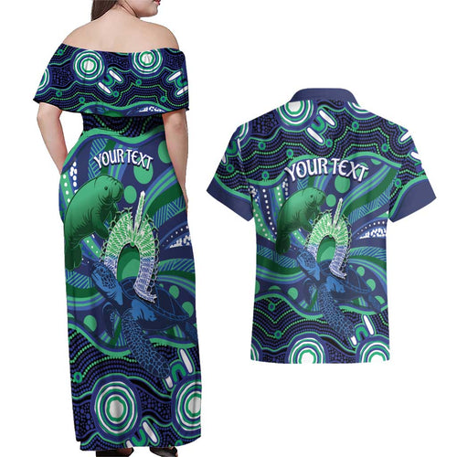 Personalised Torres Strait Islander Flag Day Couples Matching Off Shoulder Maxi Dress and Hawaiian Shirt Dhari Australia Dugong Turtle Aboriginal Art