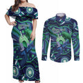 Personalised Torres Strait Islander Flag Day Couples Matching Off Shoulder Maxi Dress and Long Sleeve Button Shirt Dhari Australia Dugong Turtle Aboriginal Art