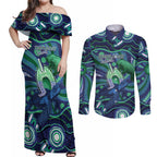Personalised Torres Strait Islander Flag Day Couples Matching Off Shoulder Maxi Dress and Long Sleeve Button Shirt Dhari Australia Dugong Turtle Aboriginal Art