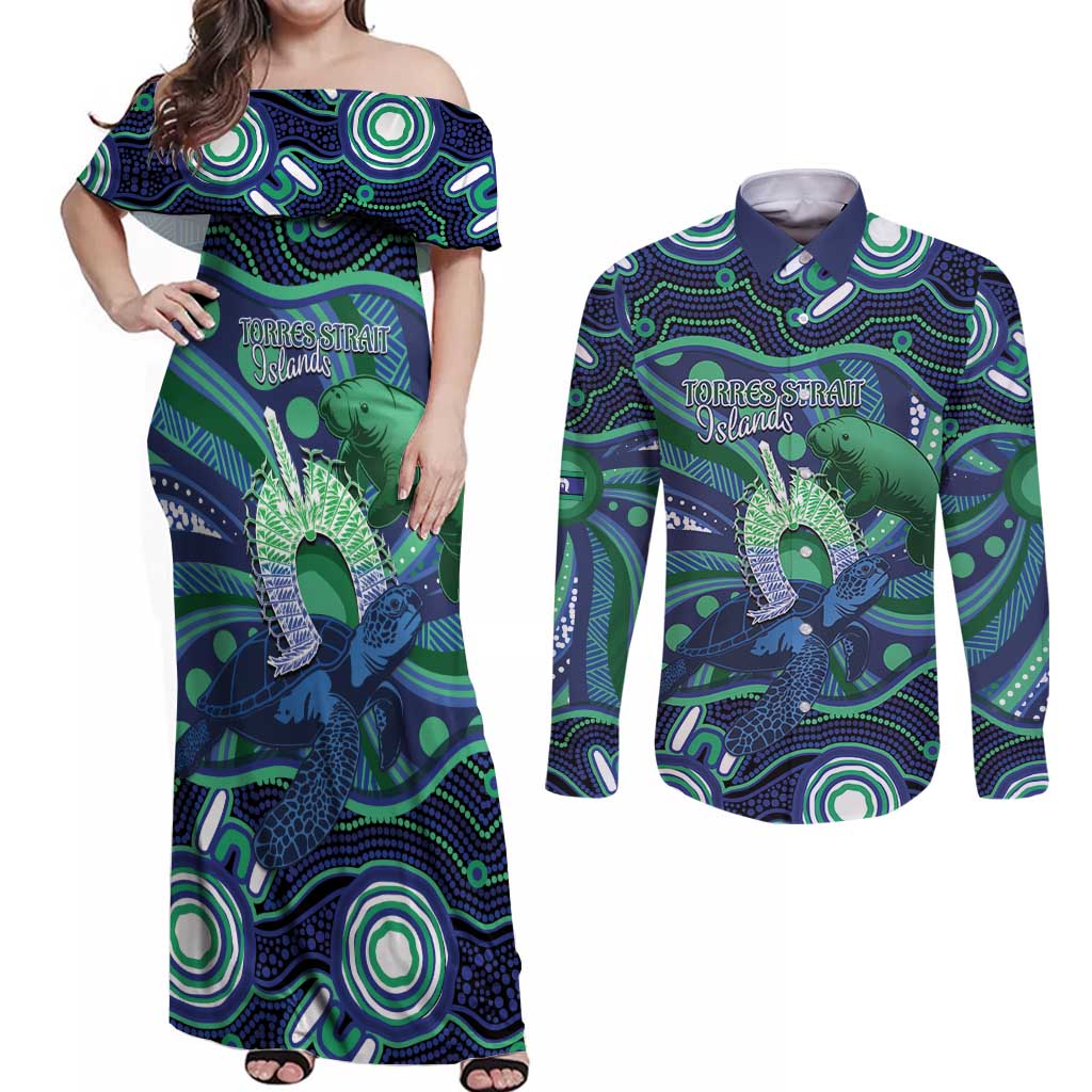Personalised Torres Strait Islander Flag Day Couples Matching Off Shoulder Maxi Dress and Long Sleeve Button Shirt Dhari Australia Dugong Turtle Aboriginal Art