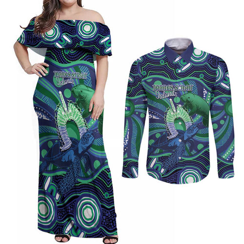 Personalised Torres Strait Islander Flag Day Couples Matching Off Shoulder Maxi Dress and Long Sleeve Button Shirt Dhari Australia Dugong Turtle Aboriginal Art