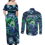 Personalised Torres Strait Islander Flag Day Couples Matching Off Shoulder Maxi Dress and Long Sleeve Button Shirt Dhari Australia Dugong Turtle Aboriginal Art
