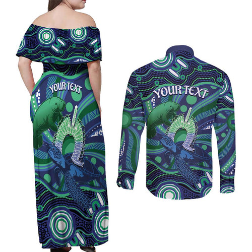 Personalised Torres Strait Islander Flag Day Couples Matching Off Shoulder Maxi Dress and Long Sleeve Button Shirt Dhari Australia Dugong Turtle Aboriginal Art
