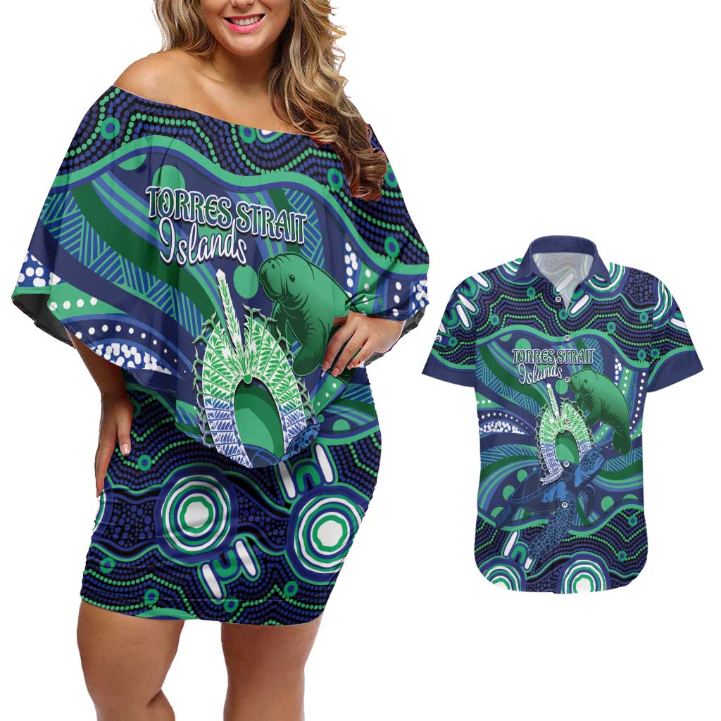 Personalised Torres Strait Islander Flag Day Couples Matching Off Shoulder Short Dress and Hawaiian Shirt Dhari Australia Dugong Turtle Aboriginal Art