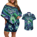 Personalised Torres Strait Islander Flag Day Couples Matching Off Shoulder Short Dress and Hawaiian Shirt Dhari Australia Dugong Turtle Aboriginal Art