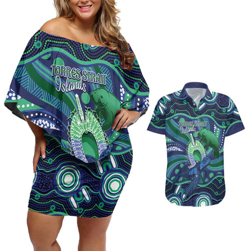 Personalised Torres Strait Islander Flag Day Couples Matching Off Shoulder Short Dress and Hawaiian Shirt Dhari Australia Dugong Turtle Aboriginal Art