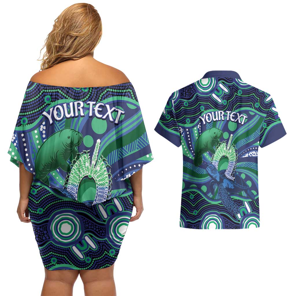 Personalised Torres Strait Islander Flag Day Couples Matching Off Shoulder Short Dress and Hawaiian Shirt Dhari Australia Dugong Turtle Aboriginal Art