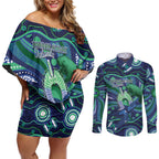 Personalised Torres Strait Islander Flag Day Couples Matching Off Shoulder Short Dress and Long Sleeve Button Shirt Dhari Australia Dugong Turtle Aboriginal Art