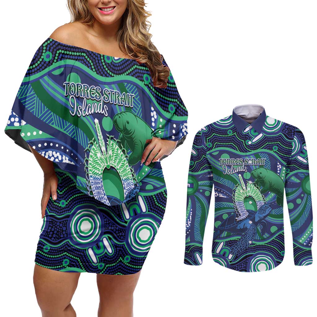 Personalised Torres Strait Islander Flag Day Couples Matching Off Shoulder Short Dress and Long Sleeve Button Shirt Dhari Australia Dugong Turtle Aboriginal Art