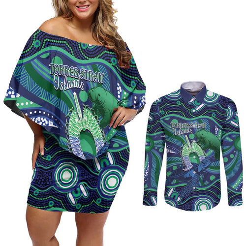 Personalised Torres Strait Islander Flag Day Couples Matching Off Shoulder Short Dress and Long Sleeve Button Shirt Dhari Australia Dugong Turtle Aboriginal Art