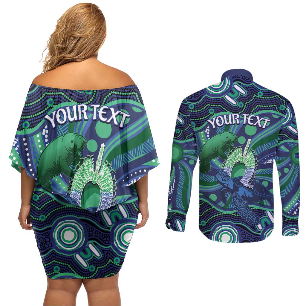 Personalised Torres Strait Islander Flag Day Couples Matching Off Shoulder Short Dress and Long Sleeve Button Shirt Dhari Australia Dugong Turtle Aboriginal Art