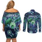 Personalised Torres Strait Islander Flag Day Couples Matching Off Shoulder Short Dress and Long Sleeve Button Shirt Dhari Australia Dugong Turtle Aboriginal Art