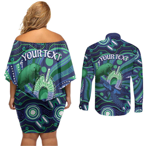 Personalised Torres Strait Islander Flag Day Couples Matching Off Shoulder Short Dress and Long Sleeve Button Shirt Dhari Australia Dugong Turtle Aboriginal Art