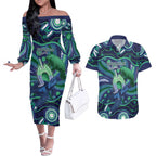 Personalised Torres Strait Islander Flag Day Couples Matching Off The Shoulder Long Sleeve Dress and Hawaiian Shirt Dhari Australia Dugong Turtle Aboriginal Art