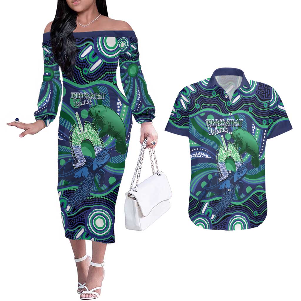 Personalised Torres Strait Islander Flag Day Couples Matching Off The Shoulder Long Sleeve Dress and Hawaiian Shirt Dhari Australia Dugong Turtle Aboriginal Art