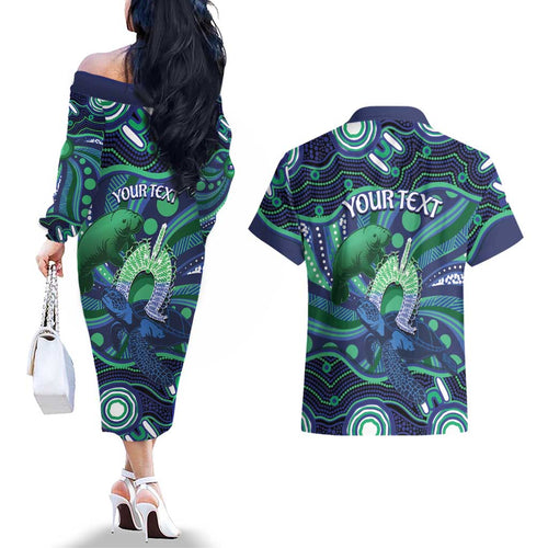 Personalised Torres Strait Islander Flag Day Couples Matching Off The Shoulder Long Sleeve Dress and Hawaiian Shirt Dhari Australia Dugong Turtle Aboriginal Art