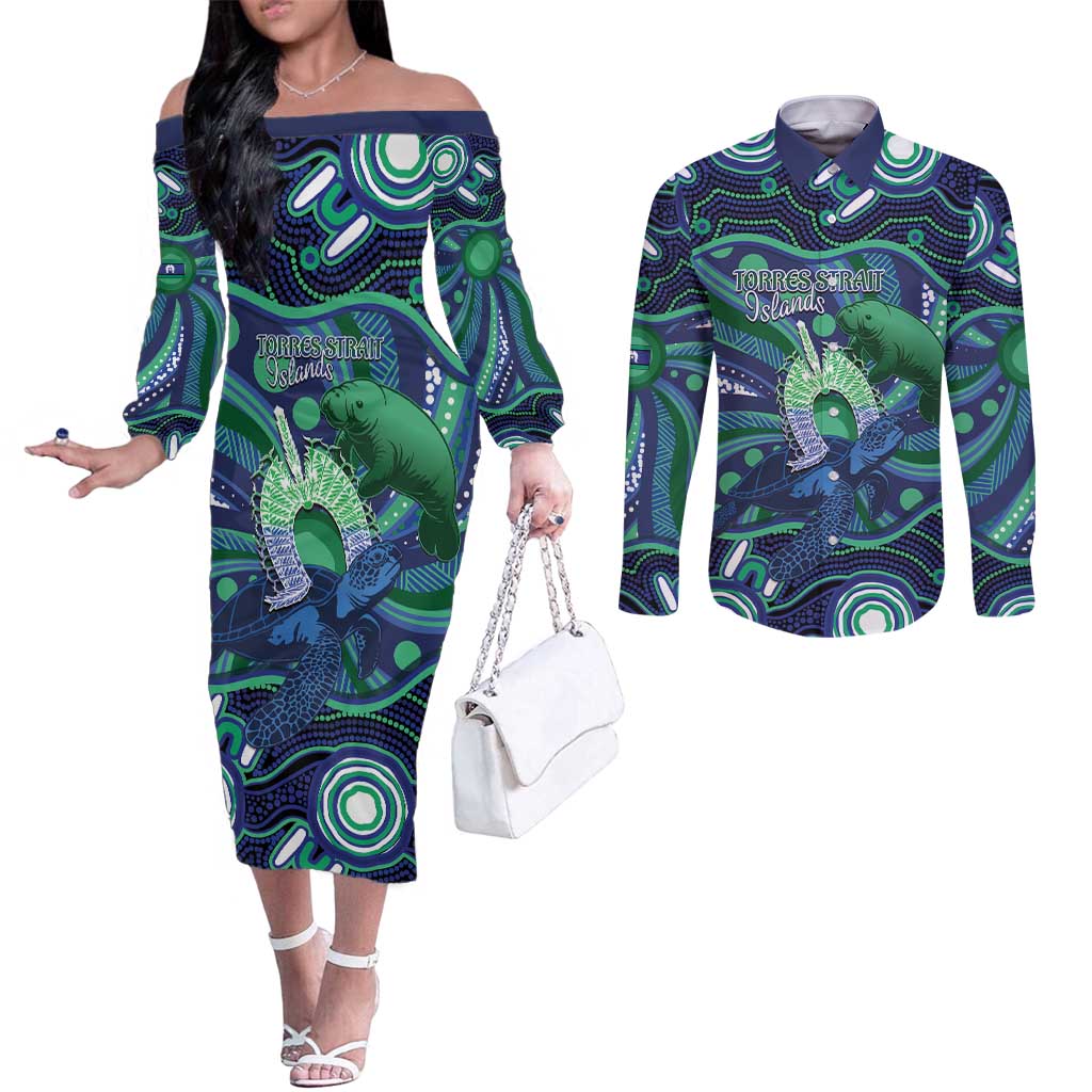 Personalised Torres Strait Islander Flag Day Couples Matching Off The Shoulder Long Sleeve Dress and Long Sleeve Button Shirt Dhari Australia Dugong Turtle Aboriginal Art