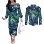 Personalised Torres Strait Islander Flag Day Couples Matching Off The Shoulder Long Sleeve Dress and Long Sleeve Button Shirt Dhari Australia Dugong Turtle Aboriginal Art